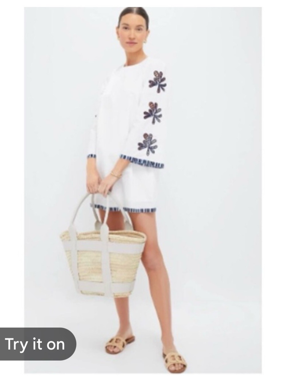 Hyacinth House White Shift mini Dress with Navy Floral Embroidery NWT